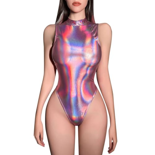 Mono de cuello alto para mujer, sin mangas, transparente, de metal, para mujer, de forro polar, Rosa., XL