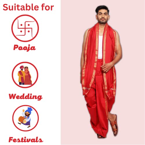 Image of Rameshwaram Fabrics Readymade Dhoti for Men, Velcro Style Stitched Mens Silk Dhoti Pant with Stole Set