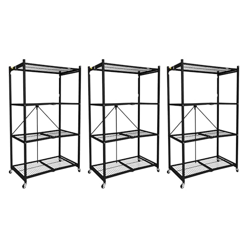 Image of Origami 3 Pack 4 Tier Foldable Metal Garage Storage Shelf Rack, Wheels & Powder Coated Steel, Black
