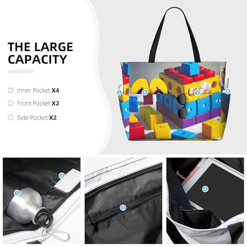 Colorful Building Blocks Large capacity beach bag with zipper, perfect for grocery bag pool gym travel shopping foldable beach travel bag,3