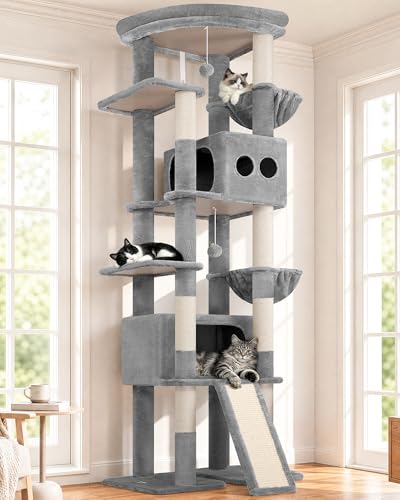 Image of Globlazer Extra Tall Large Cat Tree, 84in Multi-Level Cat Climbing Tower for Indoor Cat Large Adult, Widened Condo with Scratch Board, 7 Scratching Posts, Padded Perch, Metal Basket, S84E, Light Grey