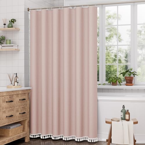 Image of AmazerBath Pink Boho Shower Curtain with Tassels, Modern Farmhouse Shower Curtains for Bathroom, Pink Shower Curtain Fabric, Rustic Faux Linen Shower Curtain Set with Hooks, 72x72 Inches