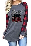 Merry Christmas Truck Tree Graphic Cute Shirt Women's Plaid Splicing Long Sleeve Raglan Tees Baseball Tops Size X-Large (Gray)