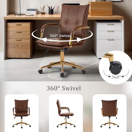 MOJAY Mid-Back Ergonomic Leather Office Desk Chair, Modern Upholstered Computer Chair, Executive Office Chair with Arms, Swivel Adjustable Rolling Chair with Gold Base (Brown) - Image 6