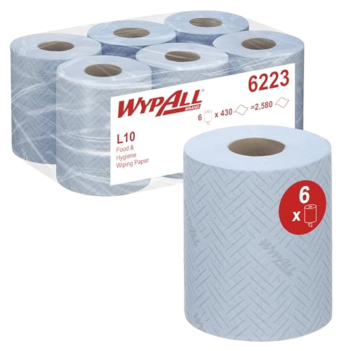 WypAll® L10 Wiping Paper Rolls, Blue 1-Ply Centrefeed Rolls for Food & Hygiene Tasks – Embossed for Strength – 6 Rolls x 430 Sheets (2,580 Total), Model Nr. 6223