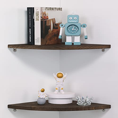 Image of JORIKCHUO 12 inch Corner Wall Shelf, Set of 2 Solid Wood Corner Floating Shelves for Wall, Round End Wall Mounted Floating Shelf for Bedroom, Living Room and Kitchen (Brown-12 inch)