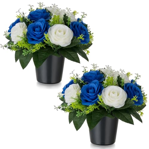 BLOSMON Cimetiere Fleurs Artificielles en Pot: 2 Pcs Bleu Royal Rose Artificielle avec Vase pour Cimetière Tombe Deco - Fleur Artificiel pour Exterieur...
