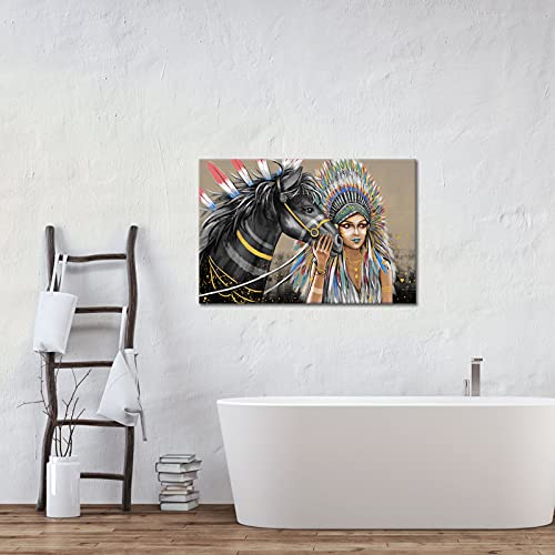 Indian Paintings For Wall Decorations Native American Women With Horse Print On Canvas Chief Vintage Picture Wall Art For Living Room Bedroom Frame Ready To Hang 24"X36" #TOP4