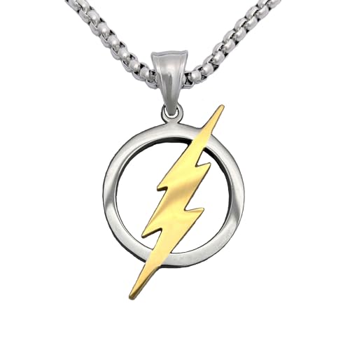Tapp Collections Stainless Steel Superhero Pendant Necklace (Flash Lightning Bolt/Steel Chain/Silver Gold Color)