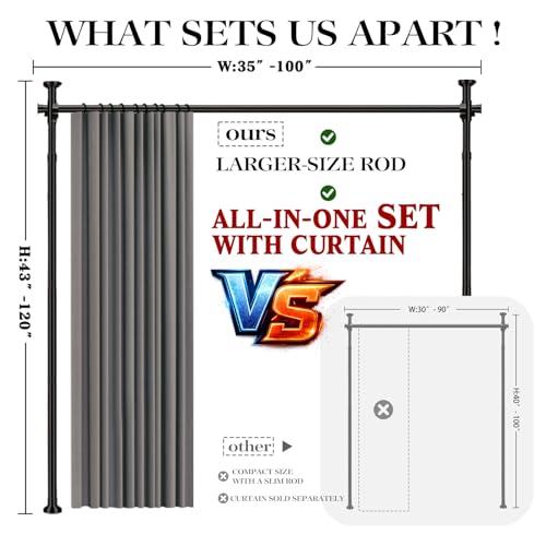 Image of Room Divider Curtain Set-No Drilling Curtain Rod Set, Curtains for Dividing Bedroom, Curtain Room Divider for Privacy Grey-100 W x 96 inch L(Pack of 1)
