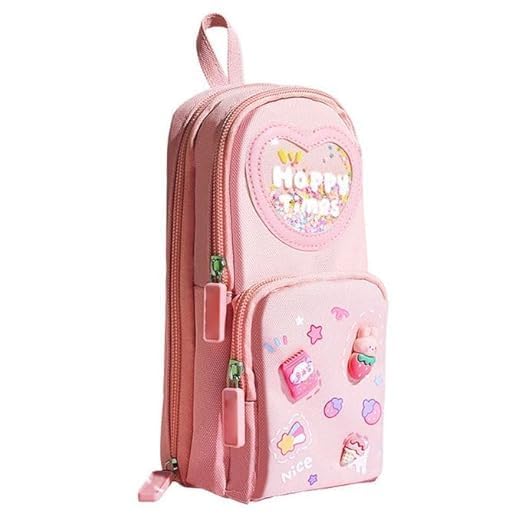 Image of Invite Enterprise Three Layer School Bag-Shaped Pencil Pouch, Large-Capacity Pencil Pouch with Zipper, Multipurpose Pen & Pencil Case for School Supplies for Boys & Girls (Pink - Happy TIME)