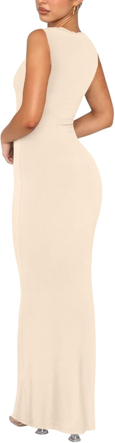 Women's Square Neck with Lace Trim Sleeveless Long Maxi Dress Lounge Ribbed Bodycon Elegant Dresses - Image 6