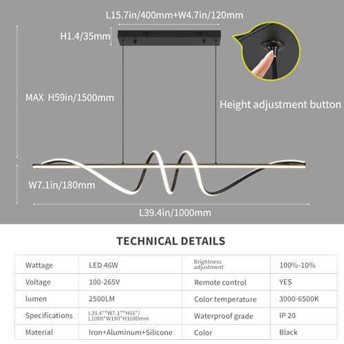 Modern LED Chandelier, Dimmable Kitchen Island Lighting Fixtures 3 Color Temperatures Pendant Light with Remote Control, 39.4" Linear Wave Spiral Dining Room Lights Ceiling Hanging, Black 46W by MDZHYA - Image 4
