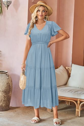 Image of VOTEPRETTY Women's 2026 Summer Boho Maxi Dresses Flutter Short Sleeve V Neck Casual Beach Wedding Guest Vacation Long Dress