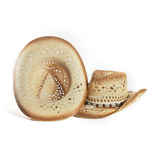 Image of Men's Cowboy Hats Summer Women Beach Cowgirl Hat Raffia Unisex Western Sun Hat