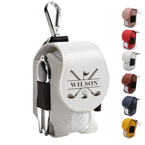 EDSG Personalized Golf Ball Bag Leather Golf Ball & Tee Holder with Belt Clip Personalized Gifts for Men Women Golfers Fathers Day Birthday Personalized Gift for Dad Grandpa Uncle (White)