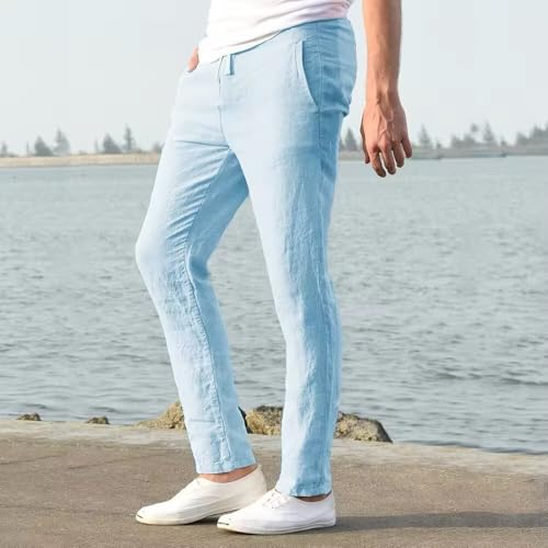Men’s Linen Pants Casual Dress Pant Lightweight Elastic Waist Drawstring Summer Beach Trousers with Pockets3