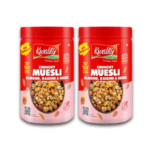 Image of Kwality Muesli Crunchy Almond, Raisins and Honey, Goodness of Multigrain, High in Fibre Source of Vitamin,Iron and Protein 1Kg x2 [Pack 2]