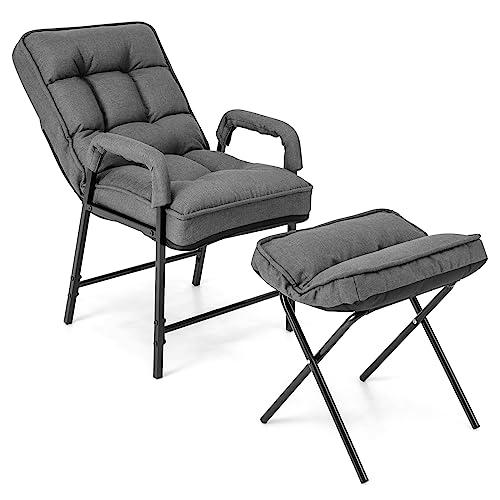 RELAX4LIFE Sillón de relax con taburete, sillón de televisión con respaldo ajustable en 5 niveles, reposapiés y reposabrazos plegables, sillón reclinable con marco de metal, sillón de TV con función