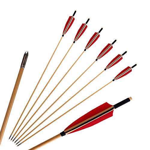XIXILI 6 or 12 Pack Archery Wooden Arrows Traditional Target Hunting Practice Arrow 5" Shield Turkey Feathers Fletching with Field Points Tips for Recurve Bow Longbow Red Black (6pack)