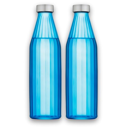 Image of SAND DUNE BlueColour Glass water bottle, 800 ml Each, Set of 2, with Leak-Proof Airtight Stainless-Steel Lid for Water, Smoothie, Juices - Reusable Travel Glass Drinking Fridge Bottles