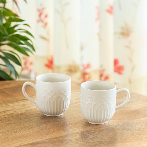 Image of ExclusiveLane 'Minimalist' Ceramic Coffee Mugs (Set of 2, 340 ml, In Gift Box, Microwave and Dishwasher Safe, Hand-Embossed) | Ceramic Coffee Mug Coffee Cup Set of 2 Tea Mugs Set Tea Cups Ceramic Mugs