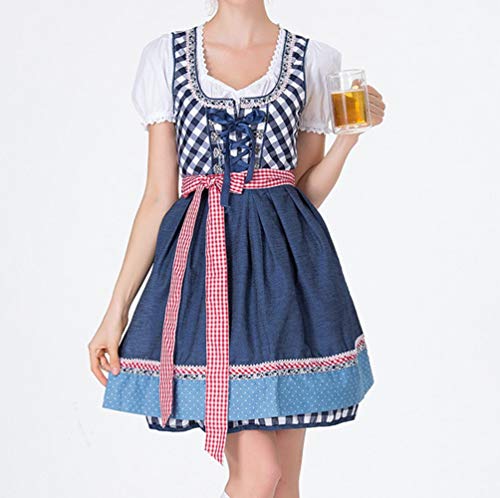 TOPUNDER Women Bandage Apron Bavarian Oktoberfest Costumes Barmaid Dirndl Dress Blue