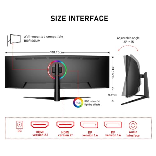 Image of Gawfolk 45 inch Ultra-Wide Curved 1500R Gaming Computer Monitor, DQHD(5120x1440) PC Screen, 240Hz, 1MS, FreeSync, 120% sRGB, Built-in speaker, HDMI2.1 & DP1.4, Wall -mounted compatible 100*100mm-Black