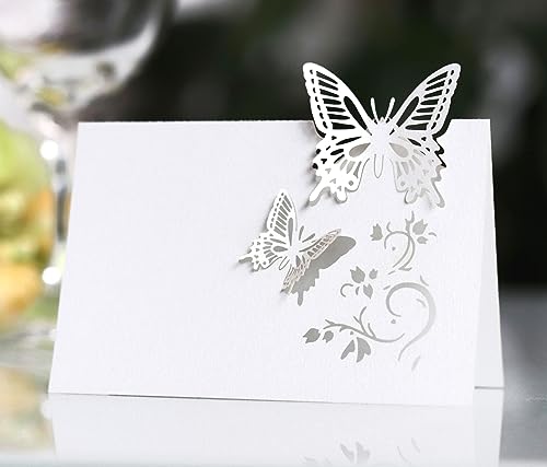 SYSUII Lot de 50 cartons de table, cartes nominatives, découpées au laser, motif papillons, vierges - Pour mariage, anniversaire, communion, présentations,...