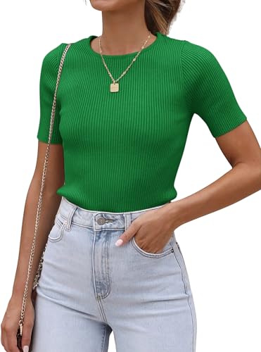 ATHMILE Womens Short Sleeve Ribbed Knit T Shirt Casual Crewneck Tops Slim Fit Basic Tees