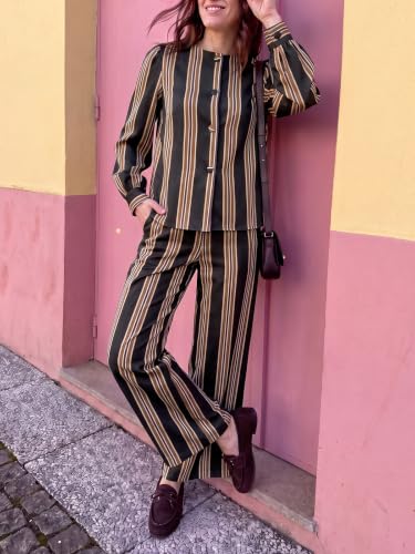Womens Striped Linen Two Piece Outfit Shirt and Pants Set - image 5