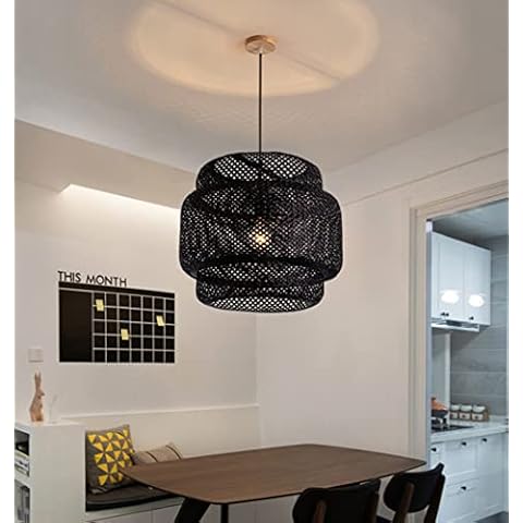 PPWW - Black Rattan Hanging Lamp | Modern 2-Tier Bamboo Lantern Pendant Light Fixture Asian Rattan Hanging Lamp for Kitchen Living Island 20 Inch Cover