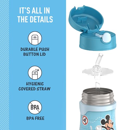 Image of Thermos Baby 10 oz. Stainless Steel Bottle with pop-up straw, Mickey and Friends