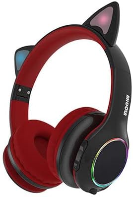 MIDOLA Kids Headphone Bluetooth Wireless or Wired Over Ear Cat Light Foldable Stereo Headset with AUX 3.5mm Mic Volume Limit 110-94 dB for Adult Child Boy Girl Cellphone Tablets TV Game Red