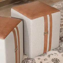 Conjunto Kit 2 Puff Quadrado Palace em Couro e Linho Cinza/Bege Sala Quarto decorativo- PLM (BEGE)