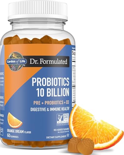 Garden of Life Dr Formulated 10 Billion CFU Prebiotic Fiber & Probiotic Gummies with Vitamin D3 for Digestive and Immune Health – Gluten Free, Non GMO, No Added Sugar, Orange Dream Flavor, 60 Gummies