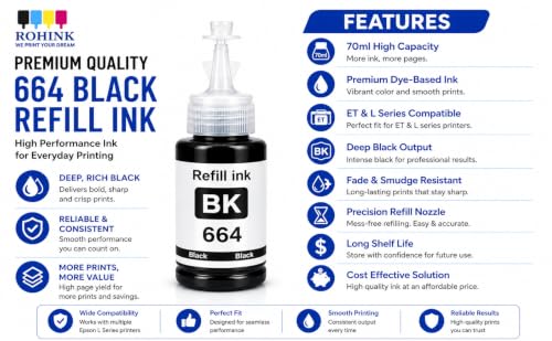 Image of ROHINK T664 Black Compatible Refill Ink, 70ml x 4 Bottle