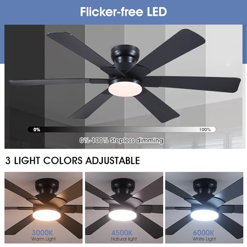 Image of 52 inch Low Profile Ceiling Fans with Lights and Remote, Black Indoor Ceiling Fan Light with Quiet Reversible DC Motor,Modern Flush Mount Ceiling Fans with Dimmable LED for Bedroom Kitchen