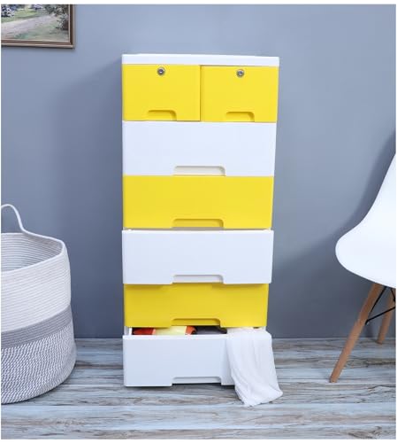 Image of The Tickle Toe 7-Drawer Plastic Kids Cabinet | Lockable Storage Organizer with 5 Big & 2 Small Drawers | Portable & Child Safe | 51L x 33W x 121H cm | Yellow & White