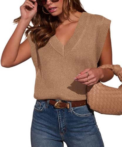 INFITTY Womens V Neck Tank Tops Sleeveless Ribbed Knit Shirts Summer Casual Sexy Sweater Vest 2025 Trendy Blouse Khaki S