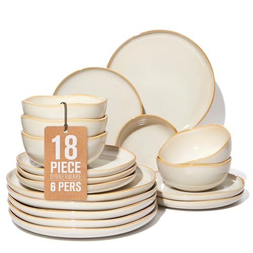Image of Plates and Bowls Sets for Family of 6, Ceramic Dinnerware Sets, Kitchen Dish Set, Microwave & Dishwasher Safe Dishware, Highly Durable Reactive Glazed Dinner Set, Yellow White