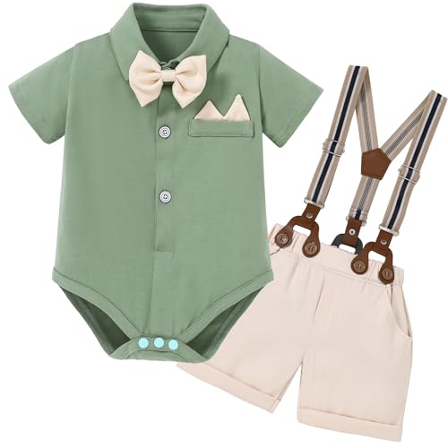 Image of YALLET Baby Boy Clothes Suit Infant Boy Gentleman Outfits Dress Romper Shirt+Bowtie+Suspender Shorts Set