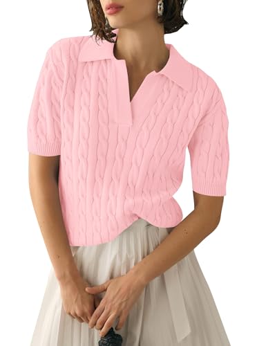 Image of Micoson Womens Short Sleeve Sweater Tops Lapel V Neck Polo Shirts 2026 Summer Cable Knit Loose Blouse Business Casual Outfits