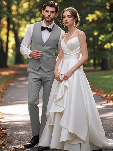 Mens Suits 2 Piece Slim Fit Suit Set V-Neck Solid Vest Pants Wedding Prom Tuxedo Set3