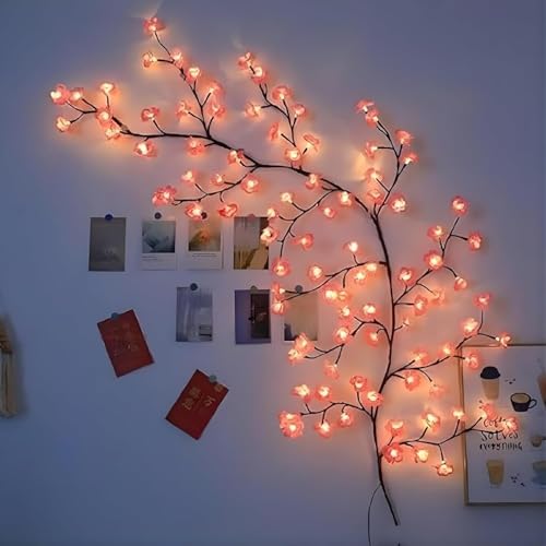 Image of P SEVEN Cherry Blossom LED String Lights, Pink Flower Vine Wall Decor with Remote Control, USB Powered, DIY Indoor Decoration (Cherry Blossom Willow Light)