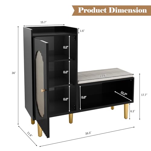 Image of HLR Storage Bench Set of 2, Black Modern Entryway Shoe Cabinet Bench with Glass Door&Shelf, L-Shaped Storage Cabinet with Padded Seat for Hallway, Bedroom, Living Room, Office