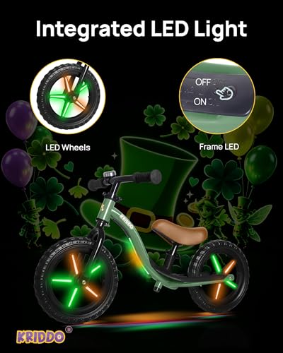 Image of KRIDDO Toddler Balance Bike 2 Year Old, Colorful Lighting Kids Balance Bike for 2-5 Years Old, 12 Inch Balance Bicycle with Bell, Tool-Free, Adjustable Seat, Handlebar, Gift for 2-3 Boys Girls