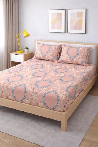Image of 350 TC Premium Heavy Cotton Feel Elastic Fitted Bedsheet King Size with 2 Pillow Covers || Double Bed with All Around Elastic (Salmon Pink, Fitted Queen-60x78)