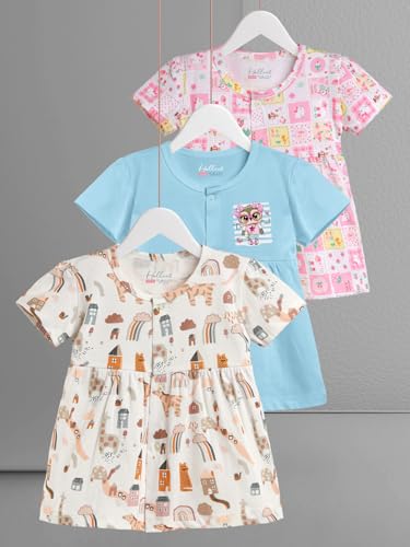 Image of HELLCAT 100% Cotton Baby Frock Dress for Girls - Pack of 3, Soft & Trendy, Short Sleeve