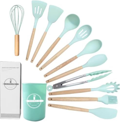 12 Pcs Silicone Cooking Kitchen Utensils Set Non Stick Silicone Cooking Utensil Set with HolderWooden Handle Heat ResistanceCooking Stirring Tools (Green)